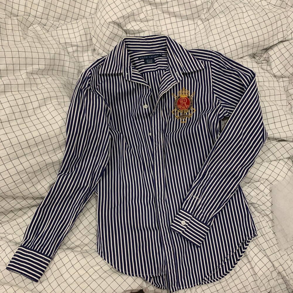 Ralph Lauren blue stripe dress shirt with emblem